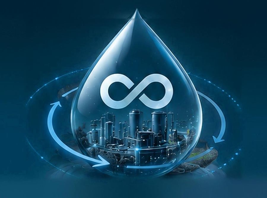Goutte d'eau stylisée contenant un site industriel et un symbole infini